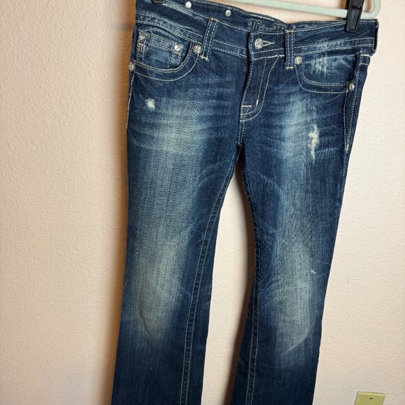 Miss Me Metal Studded Distressed Boot Cut VTG low rise sz 28 jean dark wash - Picture 3 of 6